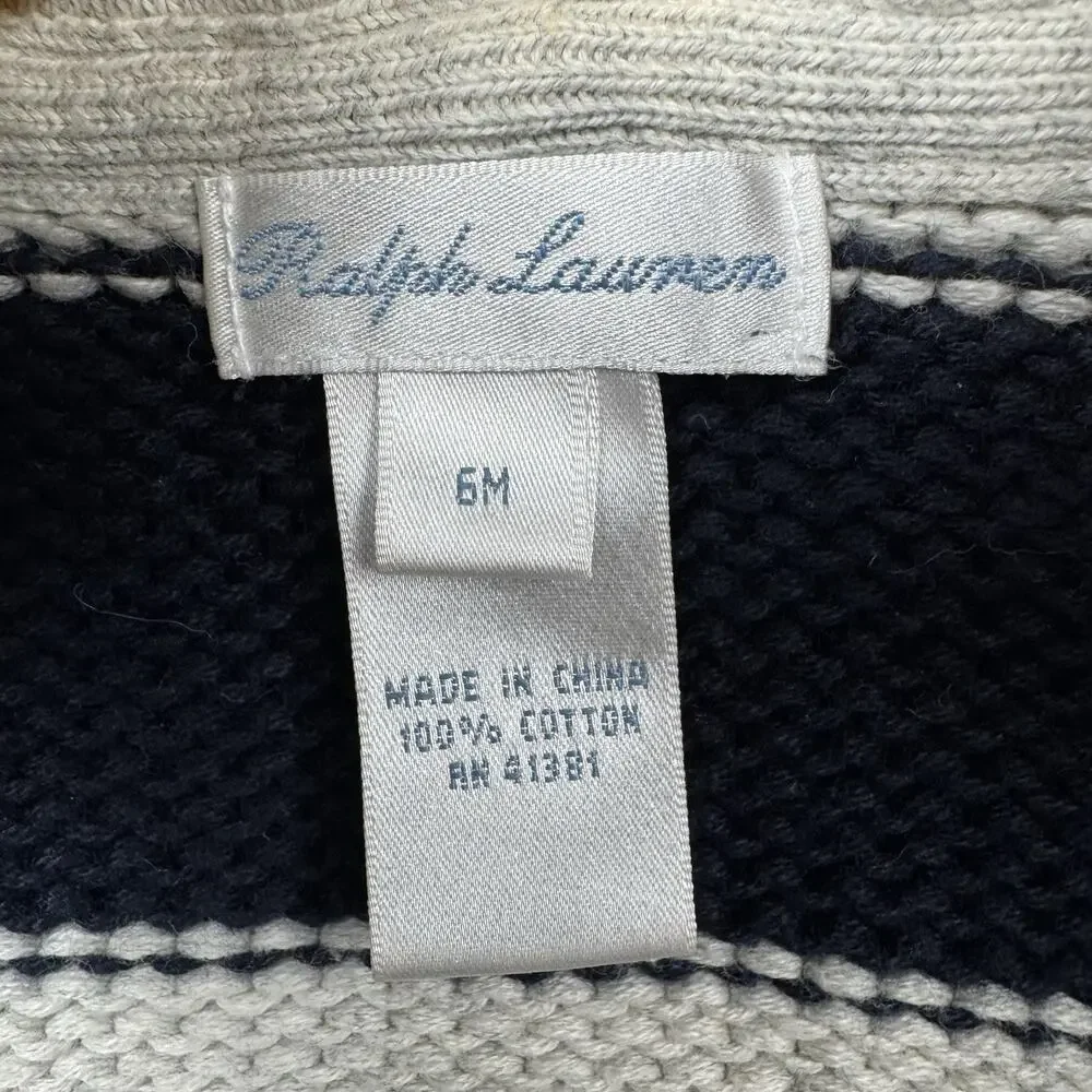 Ralph Lauren Hooded Sweater 6 Month 100% Cotton Full Zip Chunky Knit Cozy Preppy